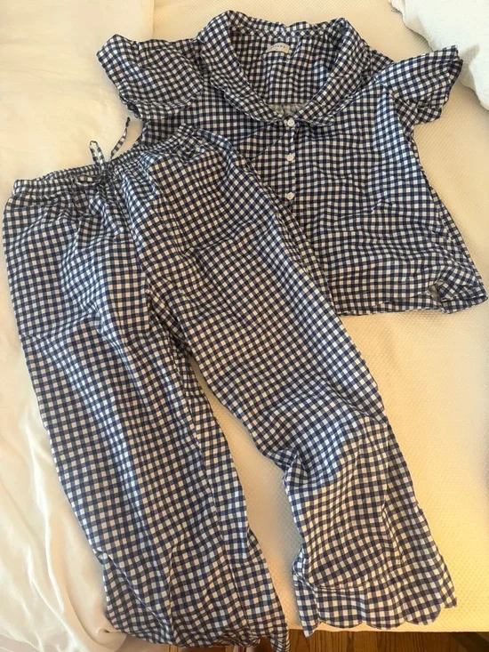 Blue Gingham Short Sleeve Pajama Set for Women - Picture 1 of 2